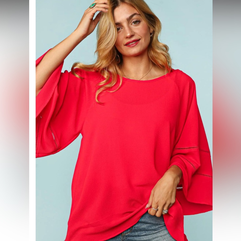 Red Orange Back Strap Tie Raglan 3/4 Sleeve Woven Blouse